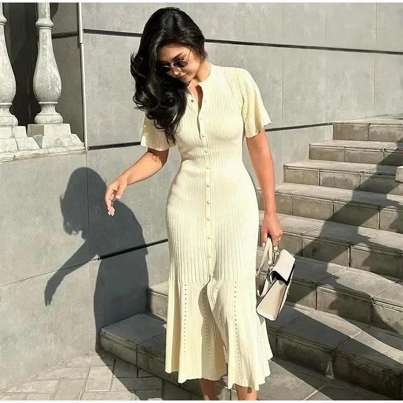 SereneRib™ Button Midi Dress